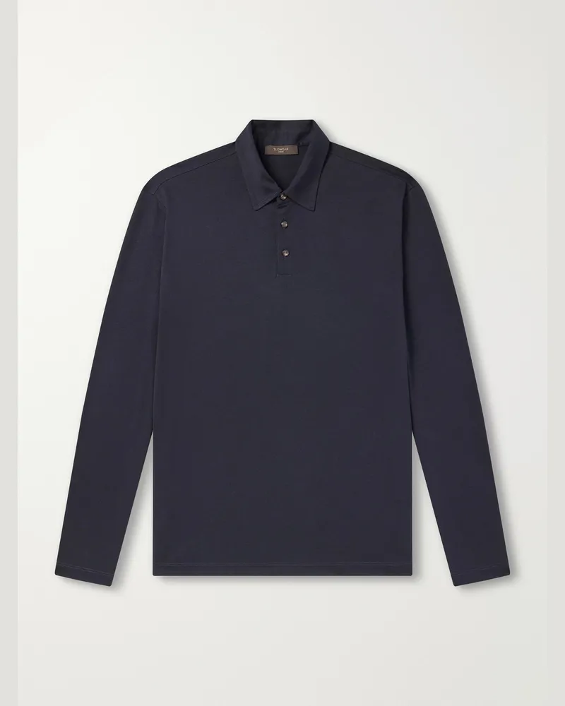 Slowear Zanone Cotton and Silk-Blend Jersey Polo Shirt Blue