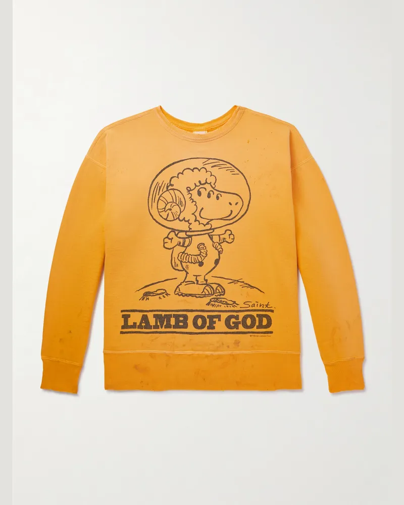 SAINT MXXXXXX Distressed Printed Cotton-Jersey Sweatshirt Yellow