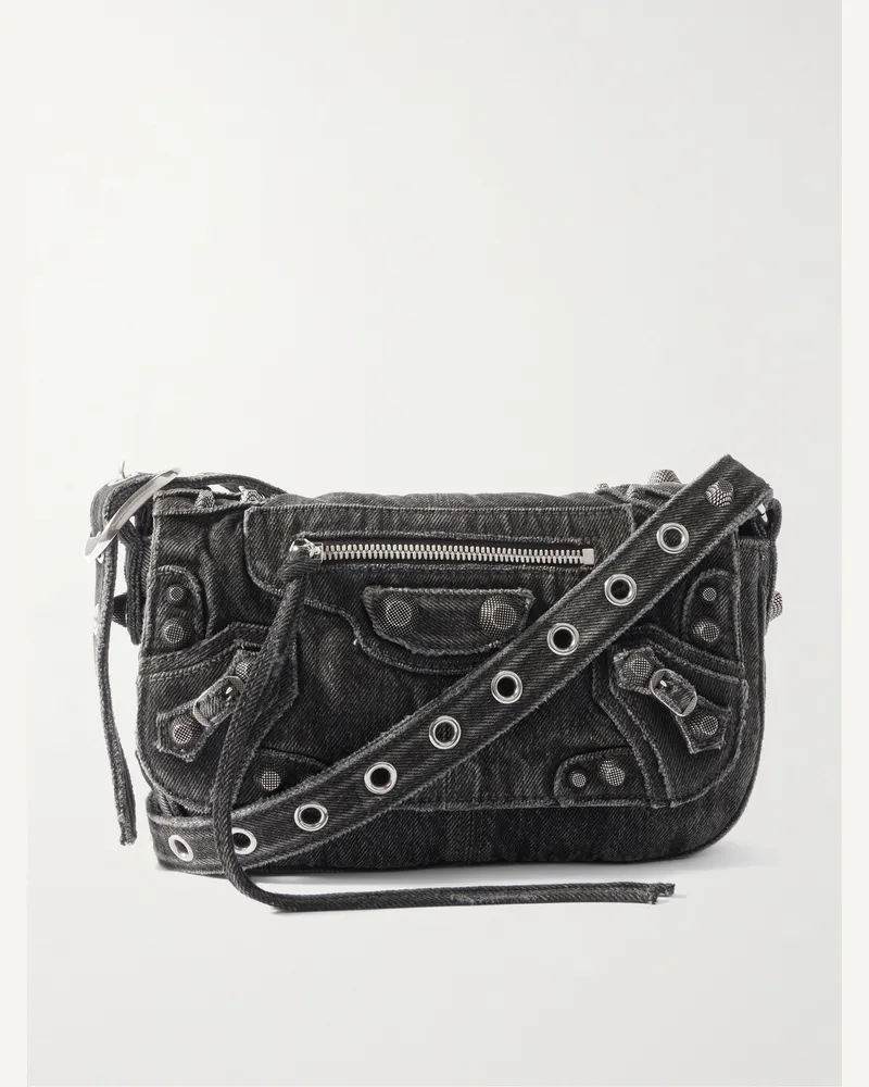 Balenciaga Le Cagole XS Studded Washed-Denim Messenger Bag Black