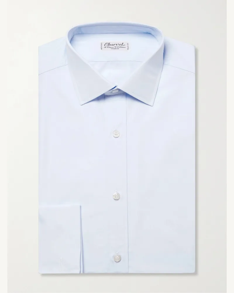 Charvet Blue Slim-Fit Double Cuff Cotton-Poplin Shirt Blue