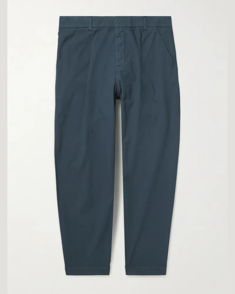 Folk Assembly Straight-Leg Pleated Striped Cotton Suit Trousers Blue