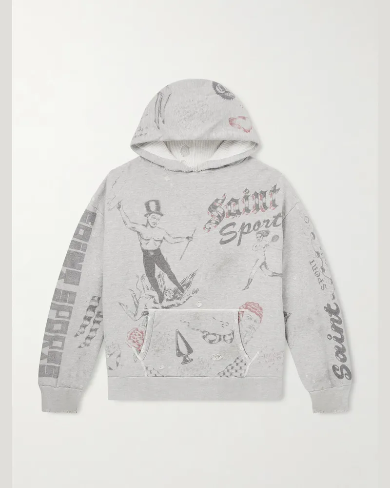 SAINT MXXXXXX Printed Distressed Cotton-Jersey Hoodie Gray