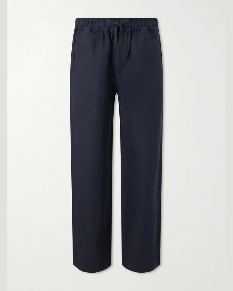 SAMAN AMEL Straight-Leg Linen Trousers Blue