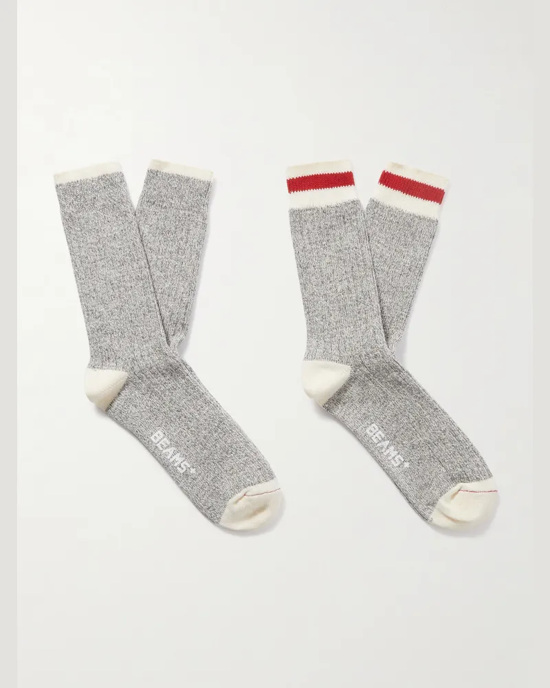 Beams Plus Rag Set aus zwei Paar Socken aus einer Baumwollmischung in Rippstrick mit Streifen Grau