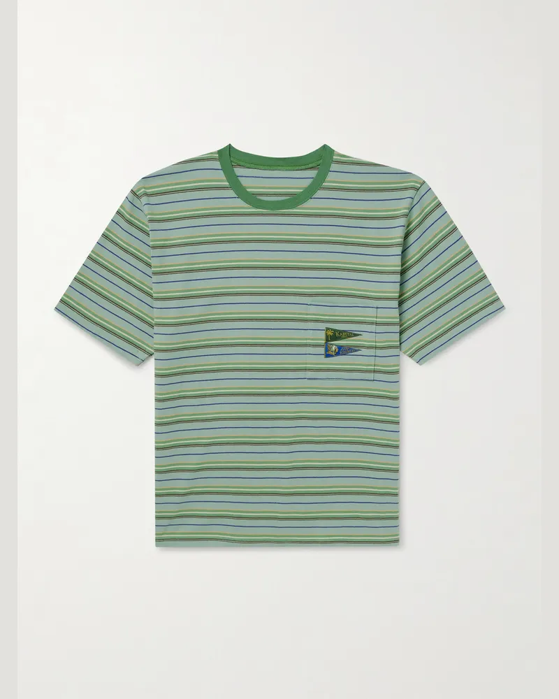 KAPITAL T-Shirt aus gestreiftem Baumwoll-Jersey mit Logoapplikation Grün