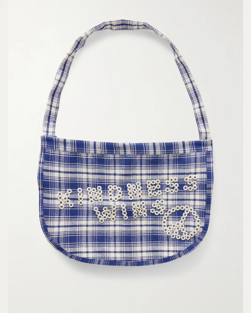 STORY mfg. Big Shop Embellished Checked Cotton Tote Blue