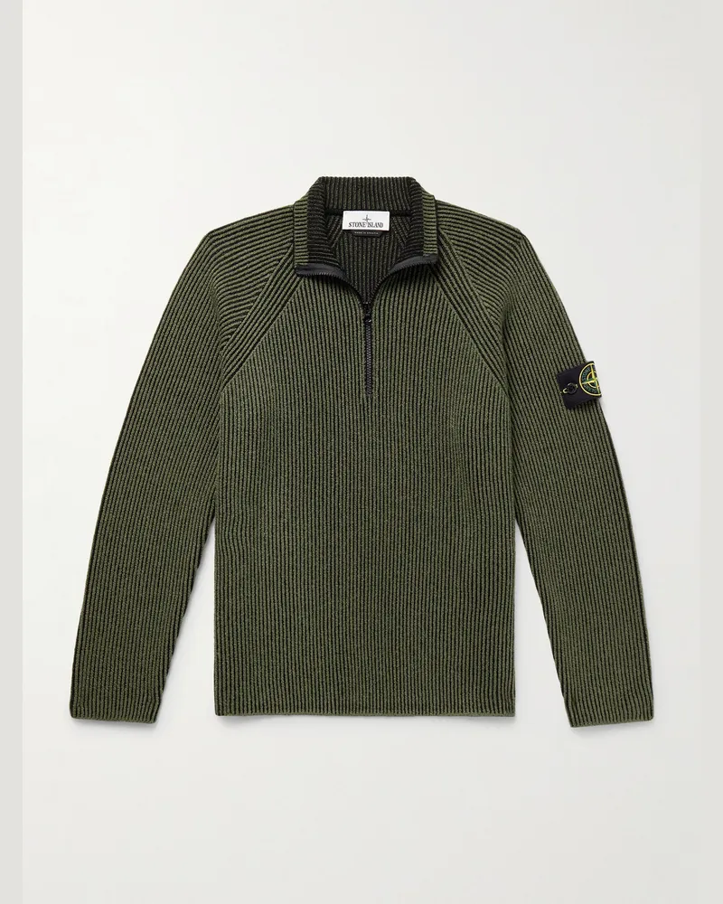 Stone Island Troyer aus einer Wollmischung in Rippstrick mit Logodetail Grün
