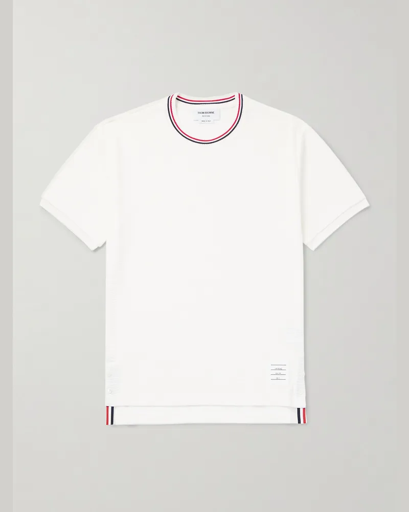 Thom Browne Schmal geschnittenes T-Shirt aus Baumwolle in Waffelstrick mit Streifen und Logoapplikation Weiß