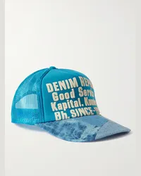 KAPITAL Baseballkappe aus bedrucktem Canvas, Mesh und Denim in Patchwork-Optik Blau