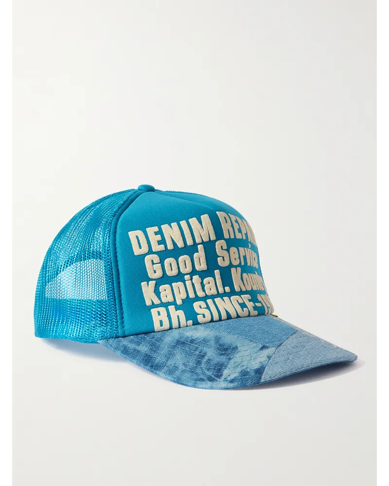 KAPITAL Baseballkappe aus bedrucktem Canvas, Mesh und Denim in Patchwork-Optik Blau