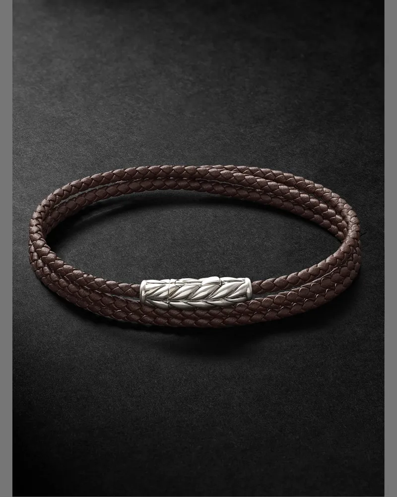 David Yurman Chevron Wickelarmband aus geflochtenem Leder mit Detail aus Sterlingsilber Braun