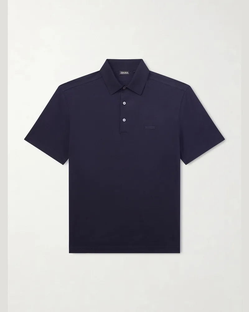 Ermenegildo Zegna Embroidered Cotton-Piqué Polo Shirt Blue