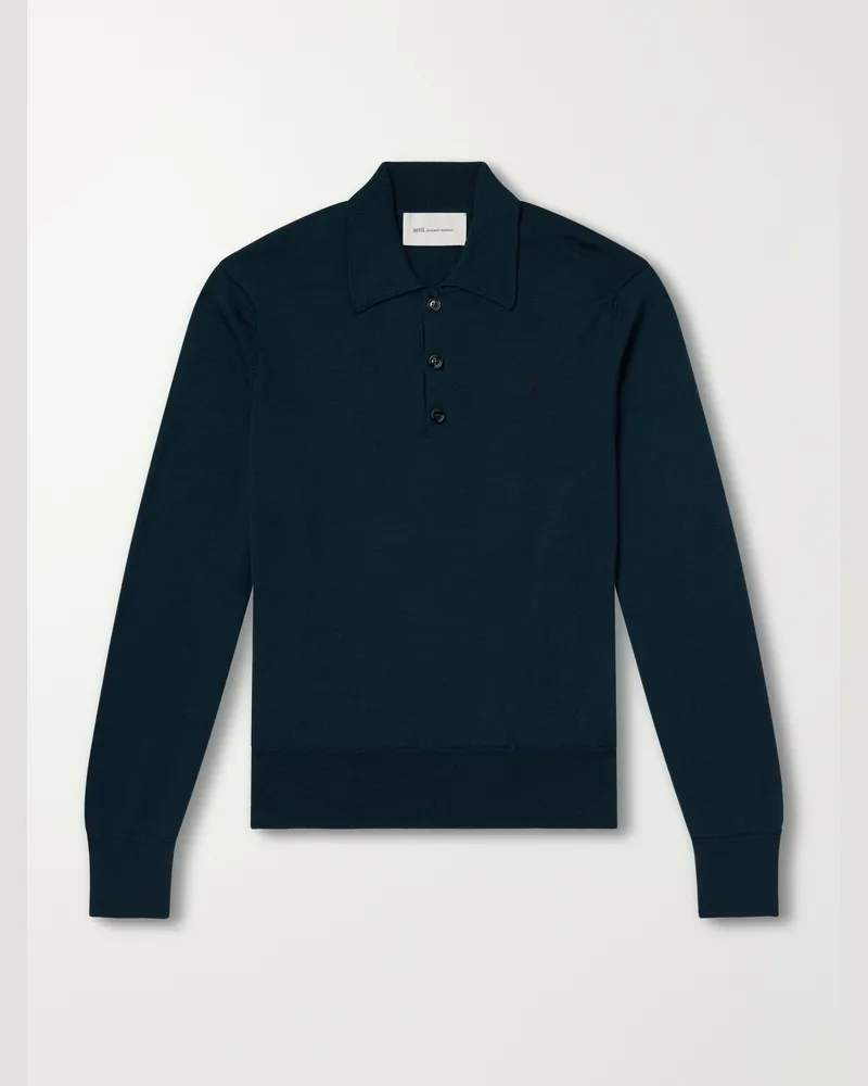 AMI Paris Merino Wool Polo Shirt Green