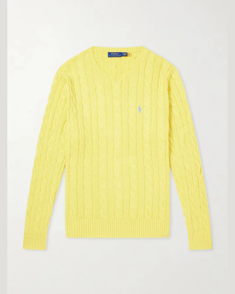 Ralph Lauren Logo-Embroidered Cable-Knit Cotton Sweater Yellow