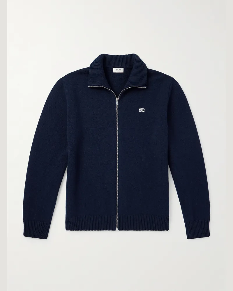 Celine Cardigan aus einer Woll-Kaschmirmischung mit Reißverschluss und Logostickerei Blau