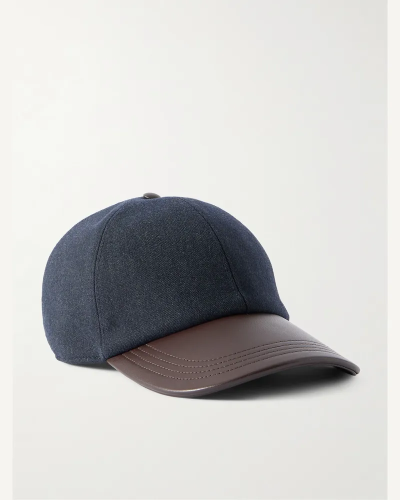 Berluti Logo-Embroidered Leather-Trimmed Wool-Blend Baseball Cap Blue