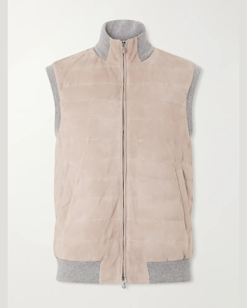 Brunello Cucinelli Padded Cashmere-Trimmed Quilted Suede Gilet Brown
