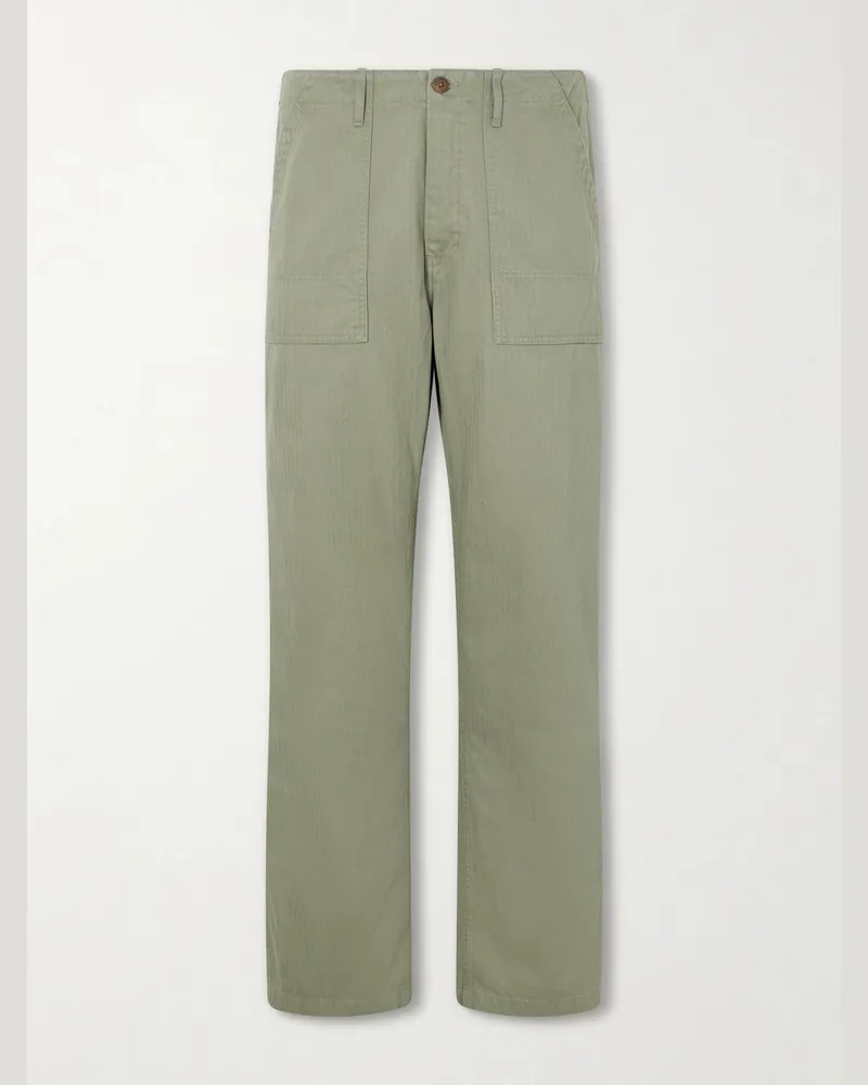 Nudie Jeans Straight-Leg Herringbone Cotton Trousers Green