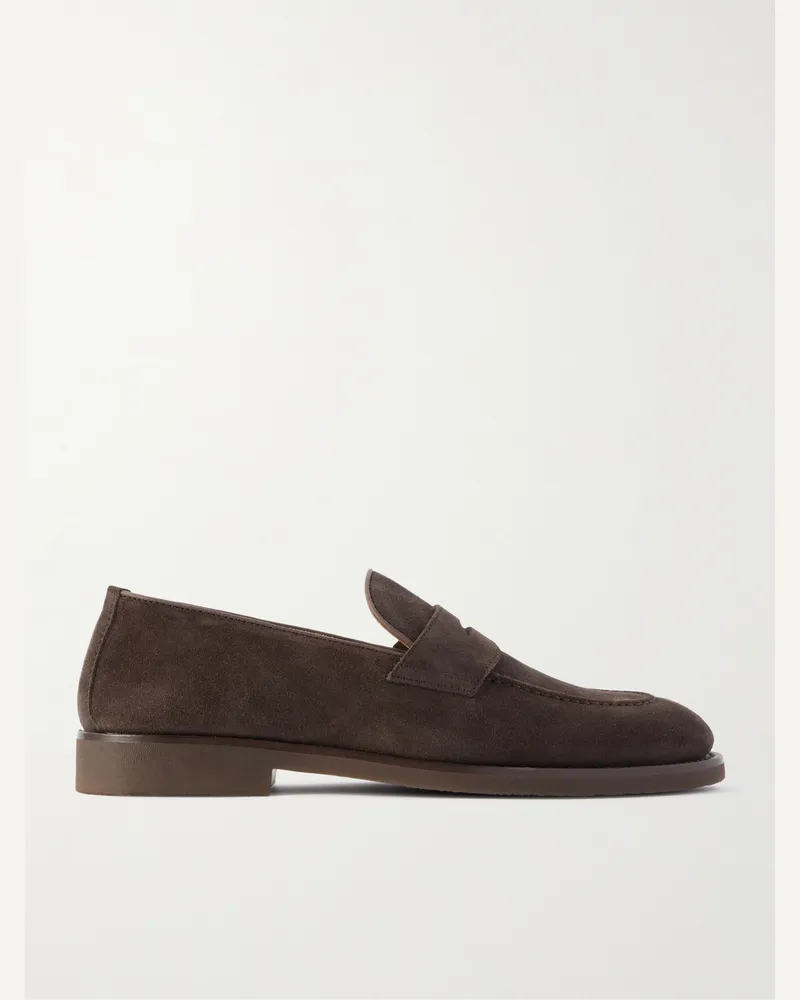 Brunello Cucinelli Pennyloafers aus Veloursleder mit Lederbesatz Braun