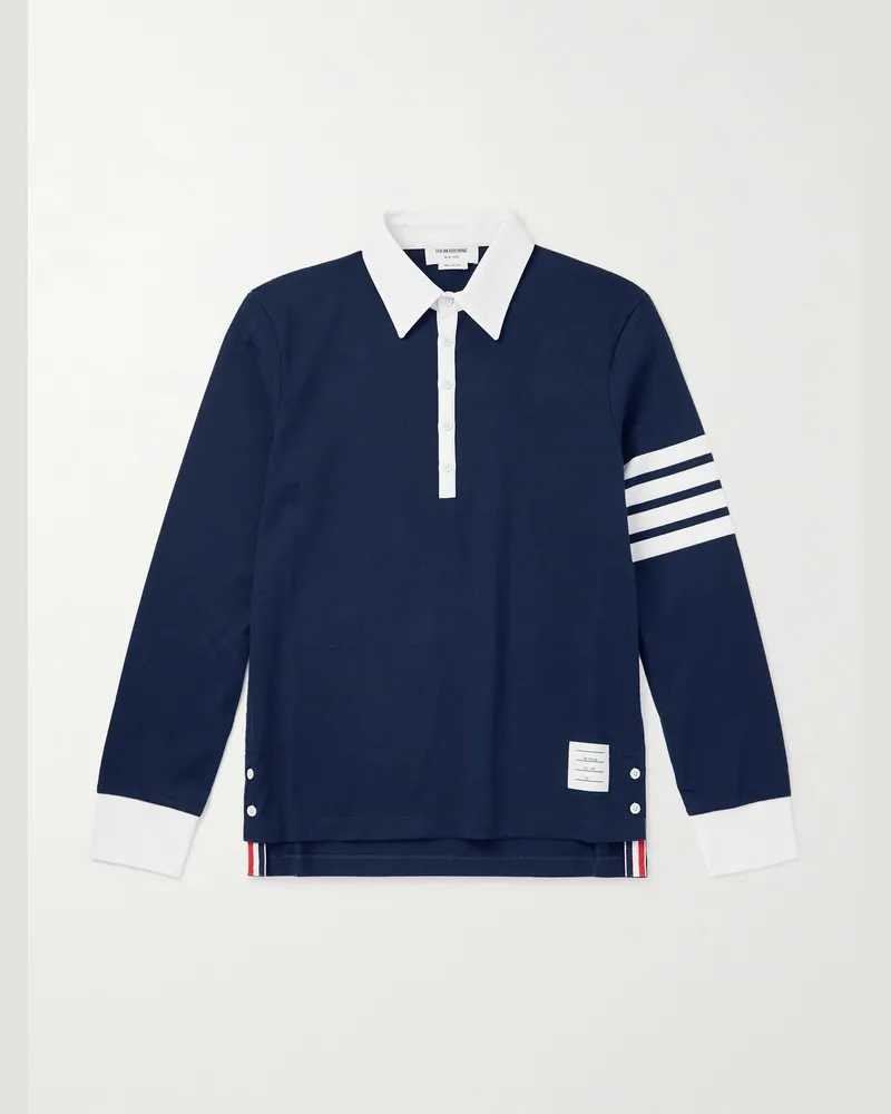 Thom Browne Oberteil aus Baumwoll-Jersey mit Polokragen, Streifen und Logoapplikation Blau
