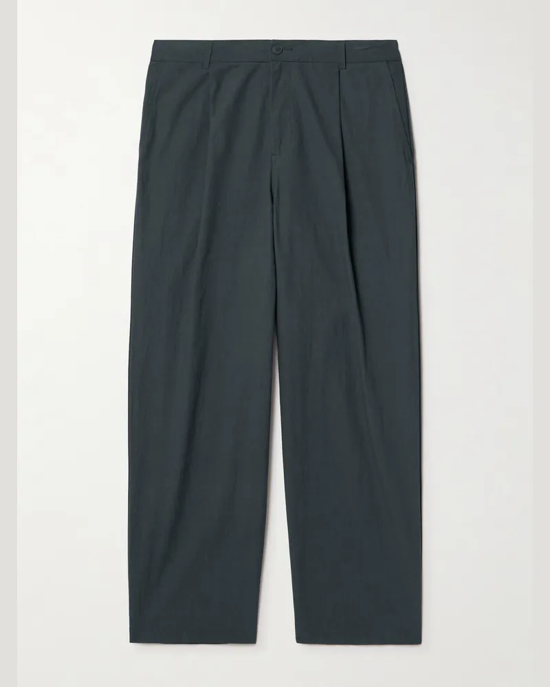 Folk Straight-Leg Pleated Cotton Trousers Gray