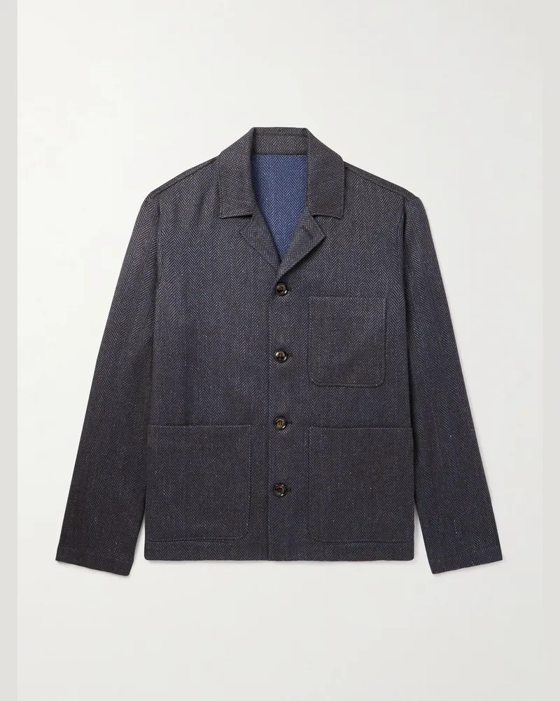 PIACENZA 1733 Hemdjacke aus einer Mischung aus Wolle, Leinen und Kaschmir mit Fischgratmuster Blau