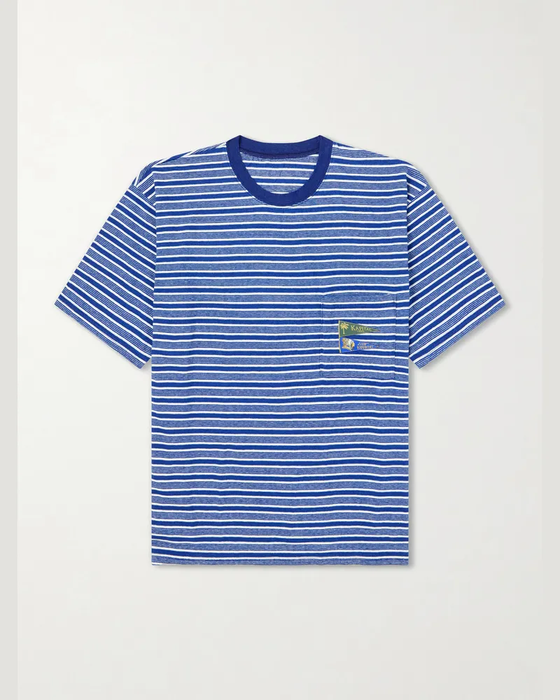 KAPITAL Logo-Appliquéd Striped Cotton-Jersey T-Shirt Blue