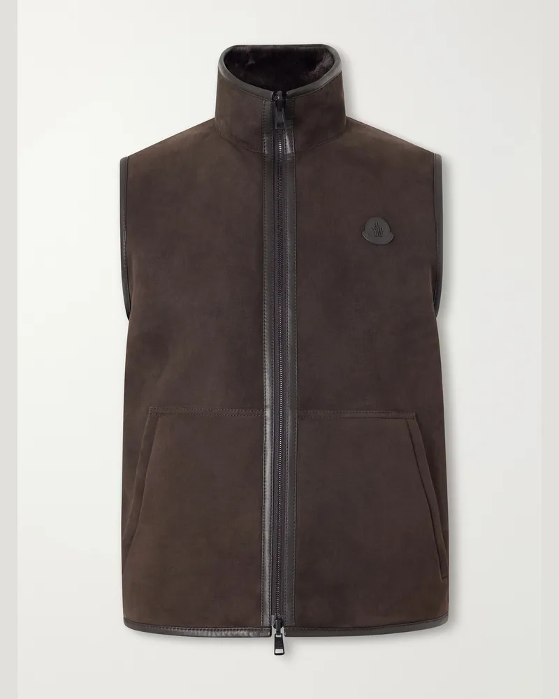 Moncler Rysfen Logo-Appliquéd Leather-Trimmed Shearling and Quilted Shell Down Gilet Brown