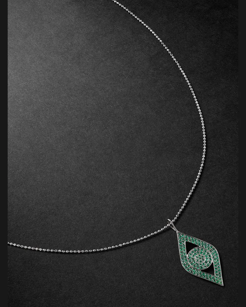 Sydney Evan Large Evil Eye White Gold Diamond Pendant Necklace Green