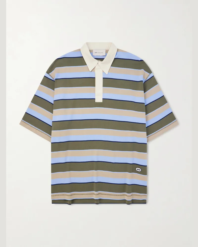 AMI Paris Striped Cotton-Jersey Polo Shirt Blue
