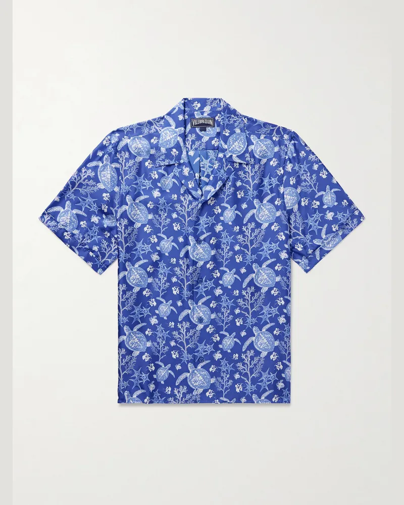 Vilebrequin Charli Hemd aus bedrucktem Seiden-Twill mit Reverskragen Blau