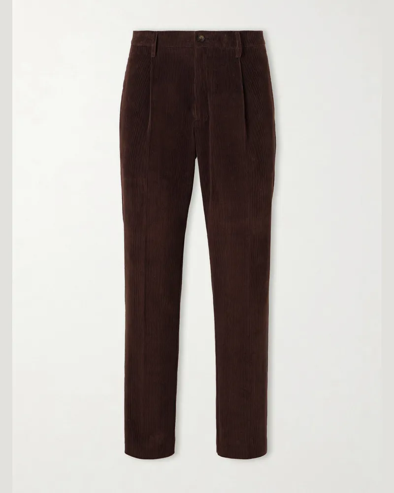 Canali Straight-Leg Pleated Cotton-Corduroy Trousers Brown