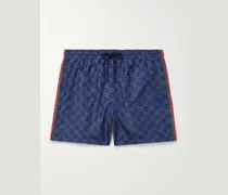 Slim-Fit Mid-Length Logo-Print Striped Swim Shorts