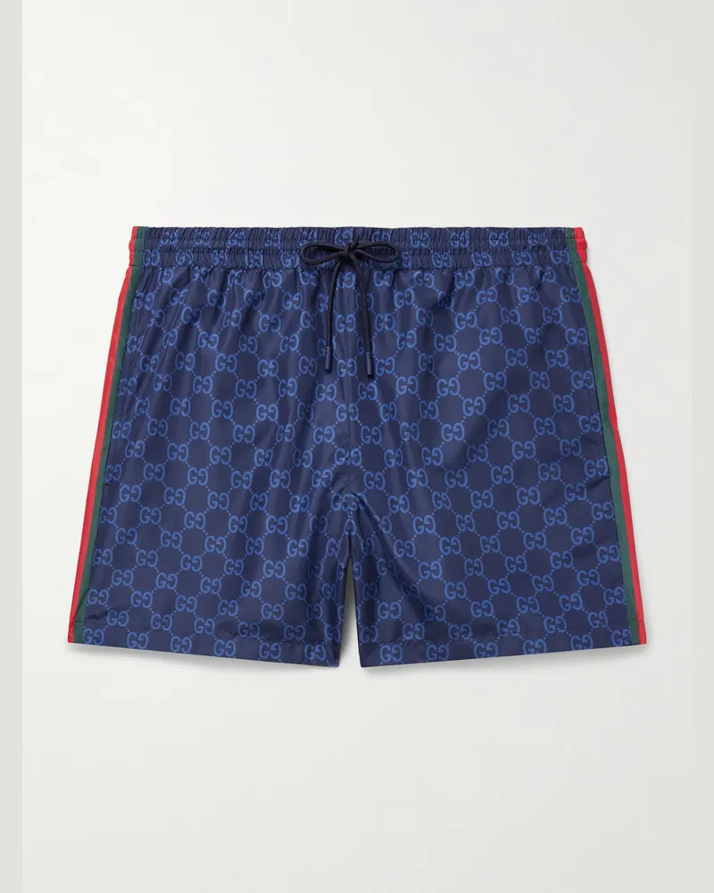 Gucci Slim-Fit Mid-Length Logo-Print Striped Swim Shorts Blue