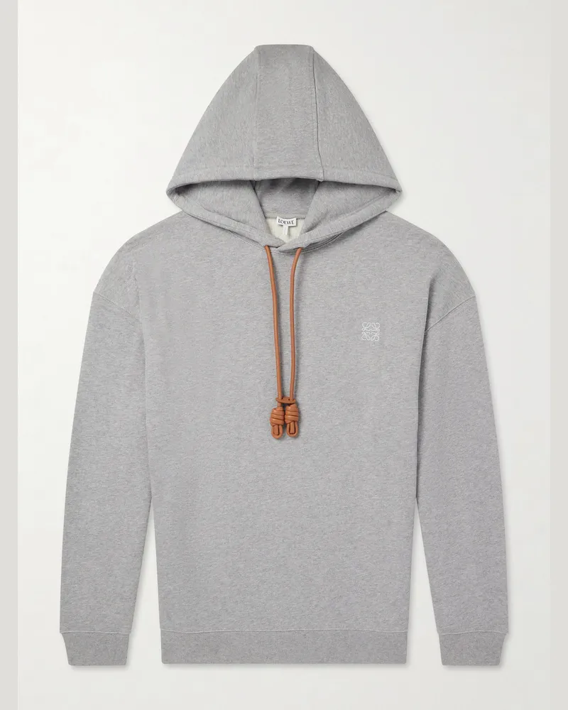 Loewe Anagram-Embroidered Leather-Trimmed Cotton-Fleece Hoodie Gray