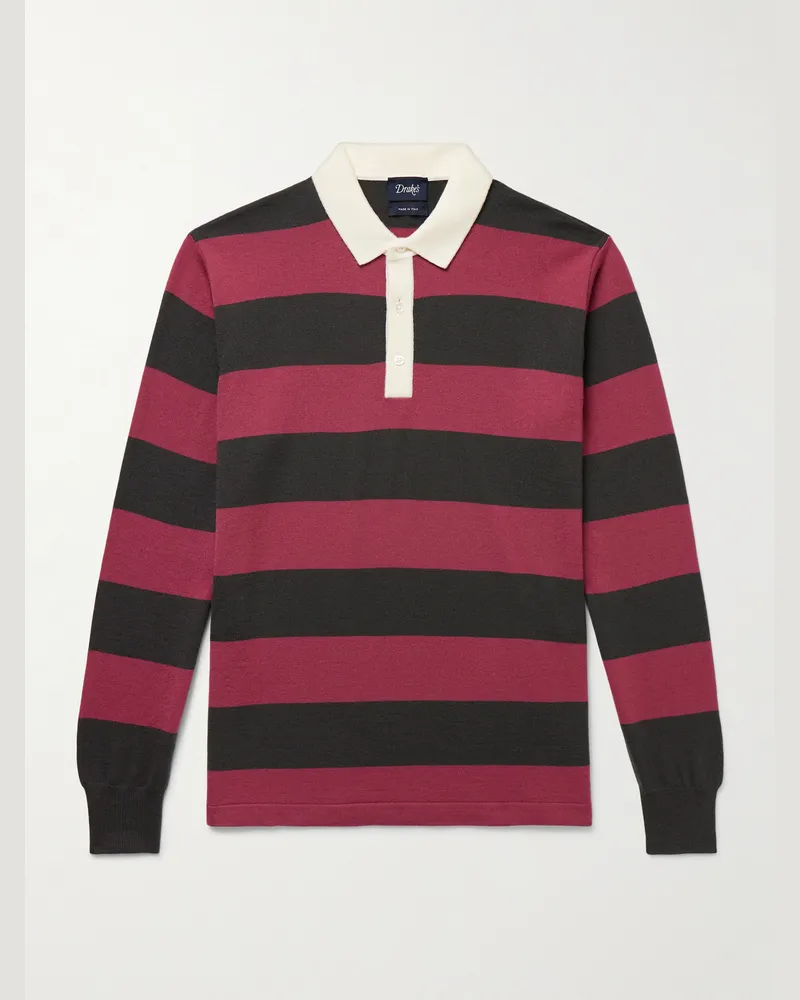 Drake's Striped Merino Wool Polo Shirt Red