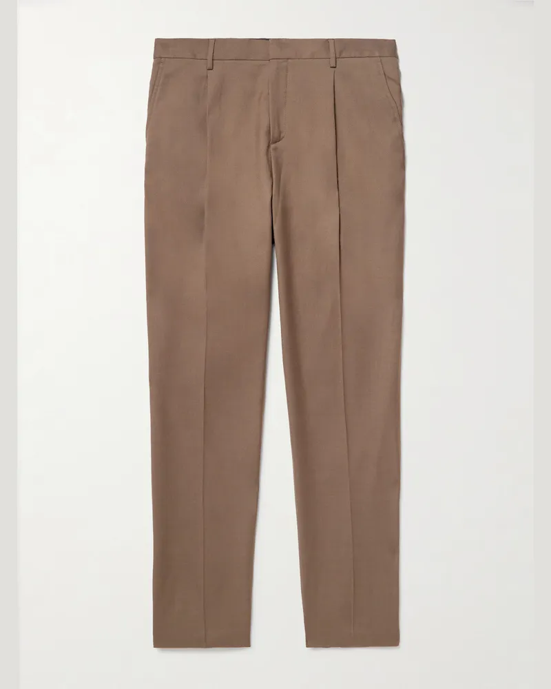 Sunspel Tapered Pleated Virgin Wool-Twill Trousers Brown