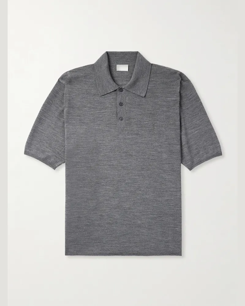 Saint Laurent Cassandre Logo-Embroidered Wool Polo Shirt Gray