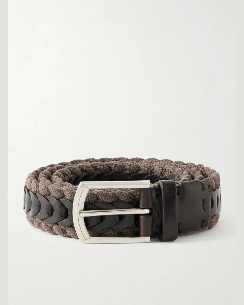 Brunello Cucinelli 3cm Leather-Trimmed Braided Cotton and Linen-Blend Belt Brown