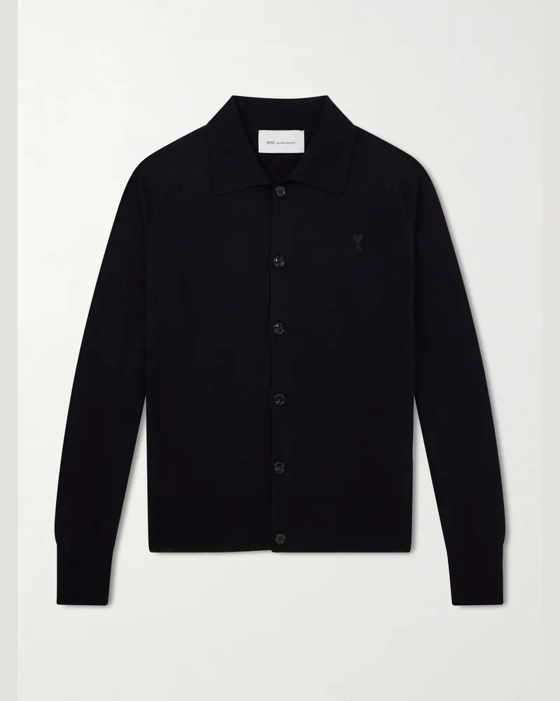 AMI Paris Quota Logo-Embroidered Merino Wool Cardigan Black