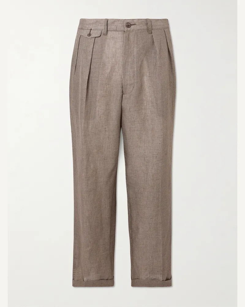 Beams Plus Gerade geschnittene Hose aus einer Leinen-Baumwollmischung mit Karomuster und Falten Braun