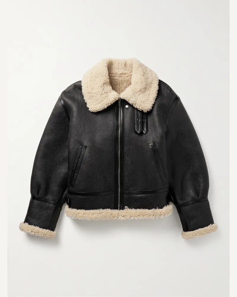 Saint Laurent Wendbare Fliegerjacke aus Shearling mit Lederbesatz Schwarz