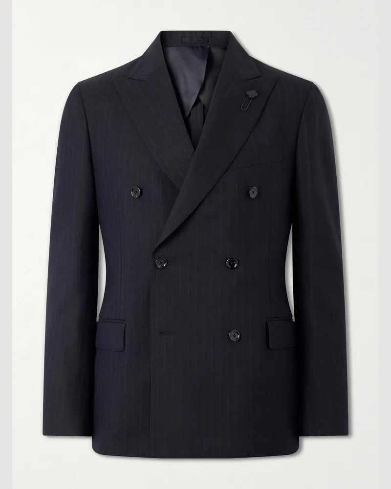 LARDINI Double-Breasted Pintriped Wool Suit Jacket Blue
