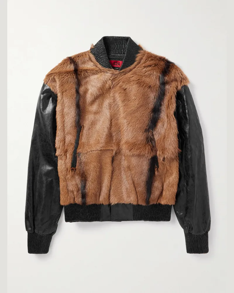 FourTwoFour on Fairfax City Bomberjacke aus Leder und Ziegenhaar mit Streifen Braun