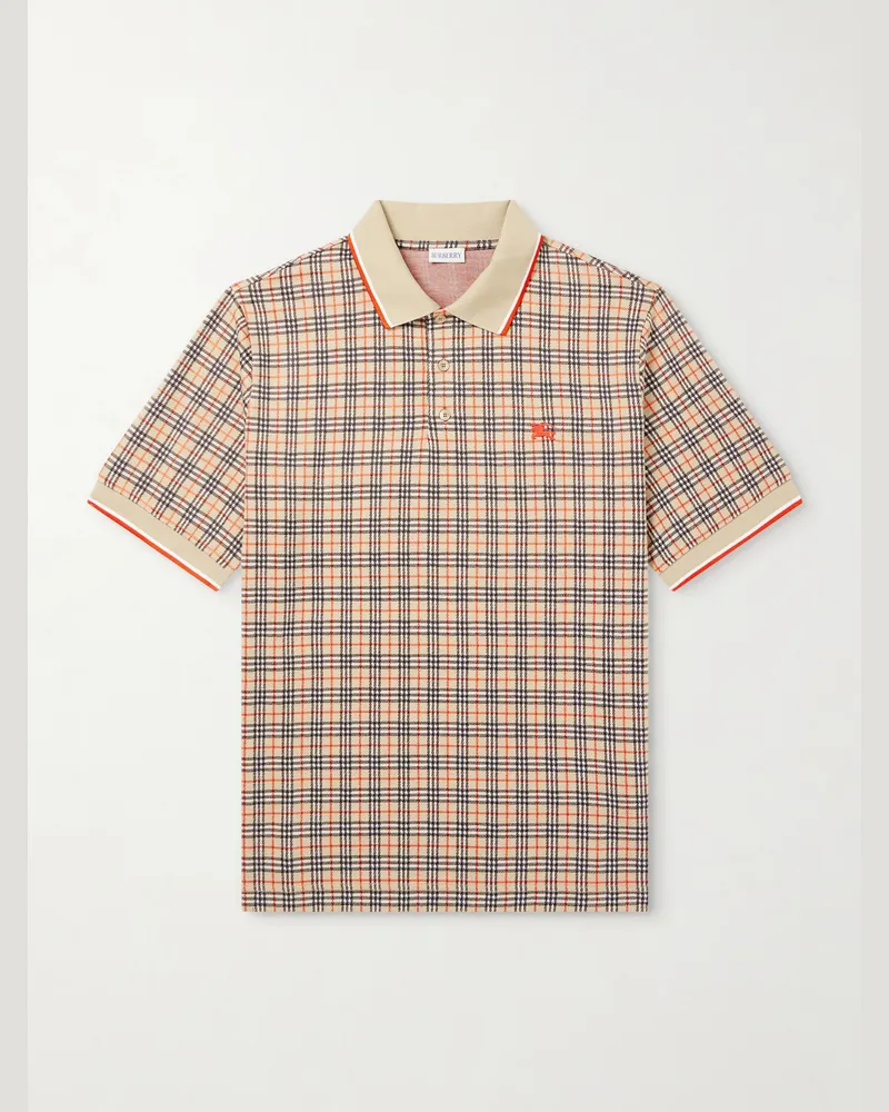 Burberry Logo-Embroidered Checked Jacquard Polo Shirt Neutrals