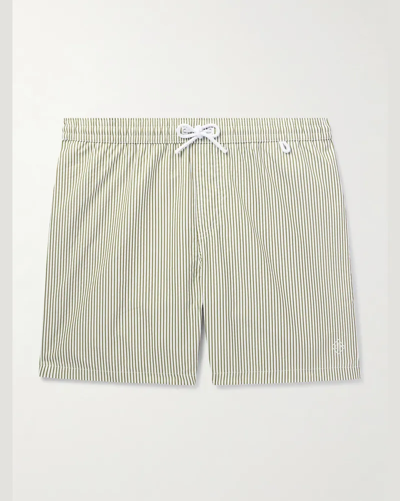 Loro Piana Bay Straight-Leg Mid-Length Logo-Print Striped Swim Shorts Green