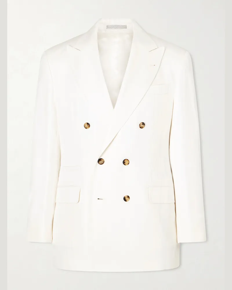 Brunello Cucinelli Double-Breasted Silk and Linen-Blend Blazer White