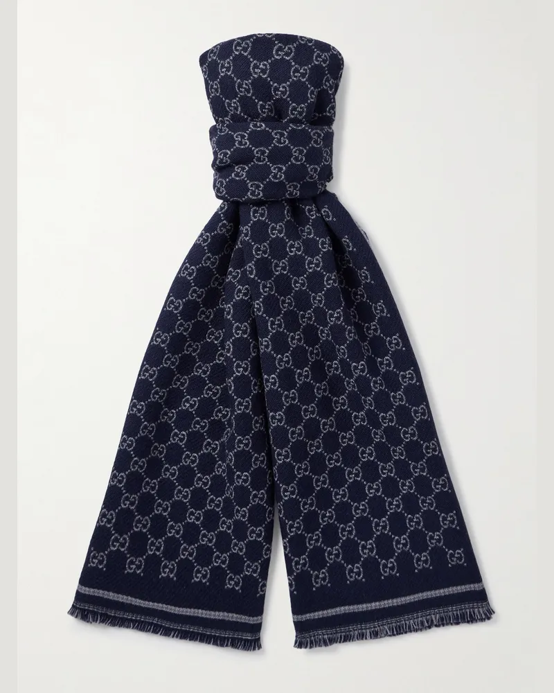 Gucci Schal aus regenerativer NATIVA™-Wolle mit Fransen und Jacquard-Logomuster Blau