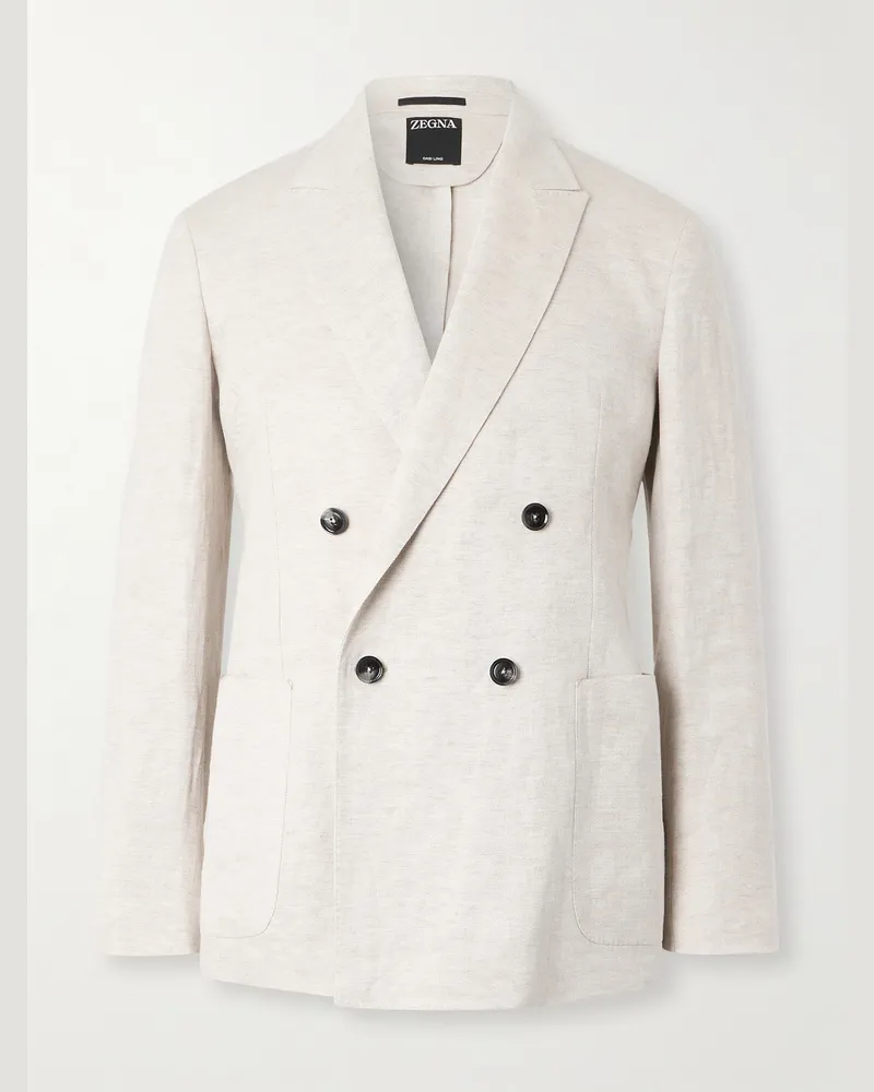 Ermenegildo Zegna Double-Breasted Linen-Twill Suit Jacket Neutrals