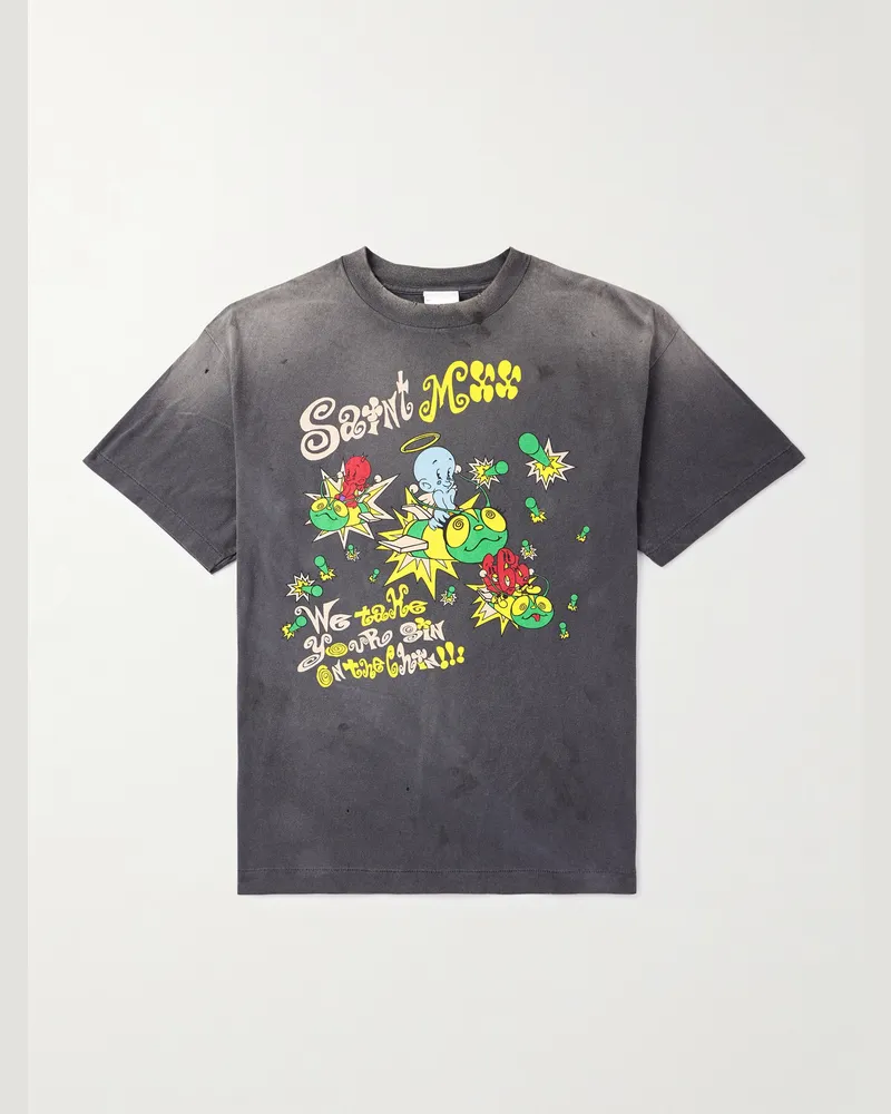 SAINT MXXXXXX Distressed Logo-Print Cotton-Jersey T-Shirt Black